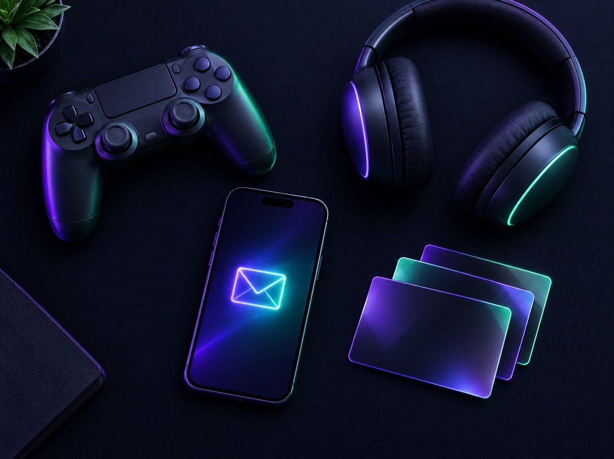 Game controller, headphones, phone and gift cards on a desk
